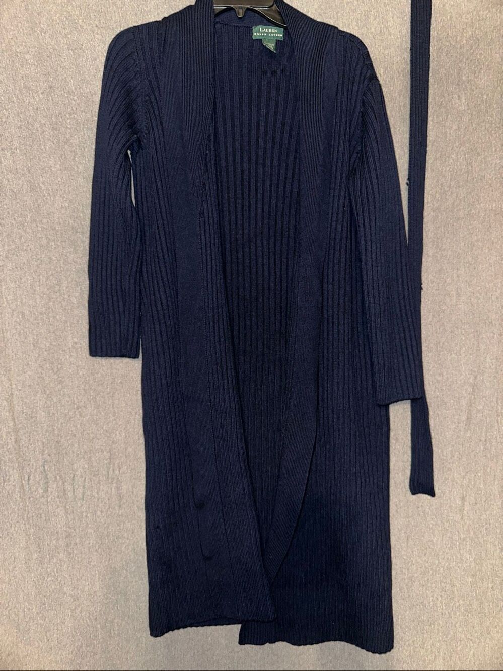 Lauren Ralph Lauren large Open Cardigan Sweater cable knit Medium Blue Merino 10